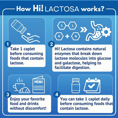 Hi! LACTOSA unflavored extra thin portable caplets packaging for easy swallowing