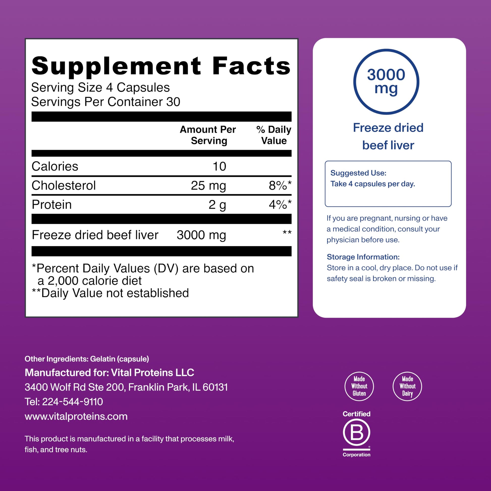 Vital Proteins grass fed beef liver supplement facts and nutritional panel