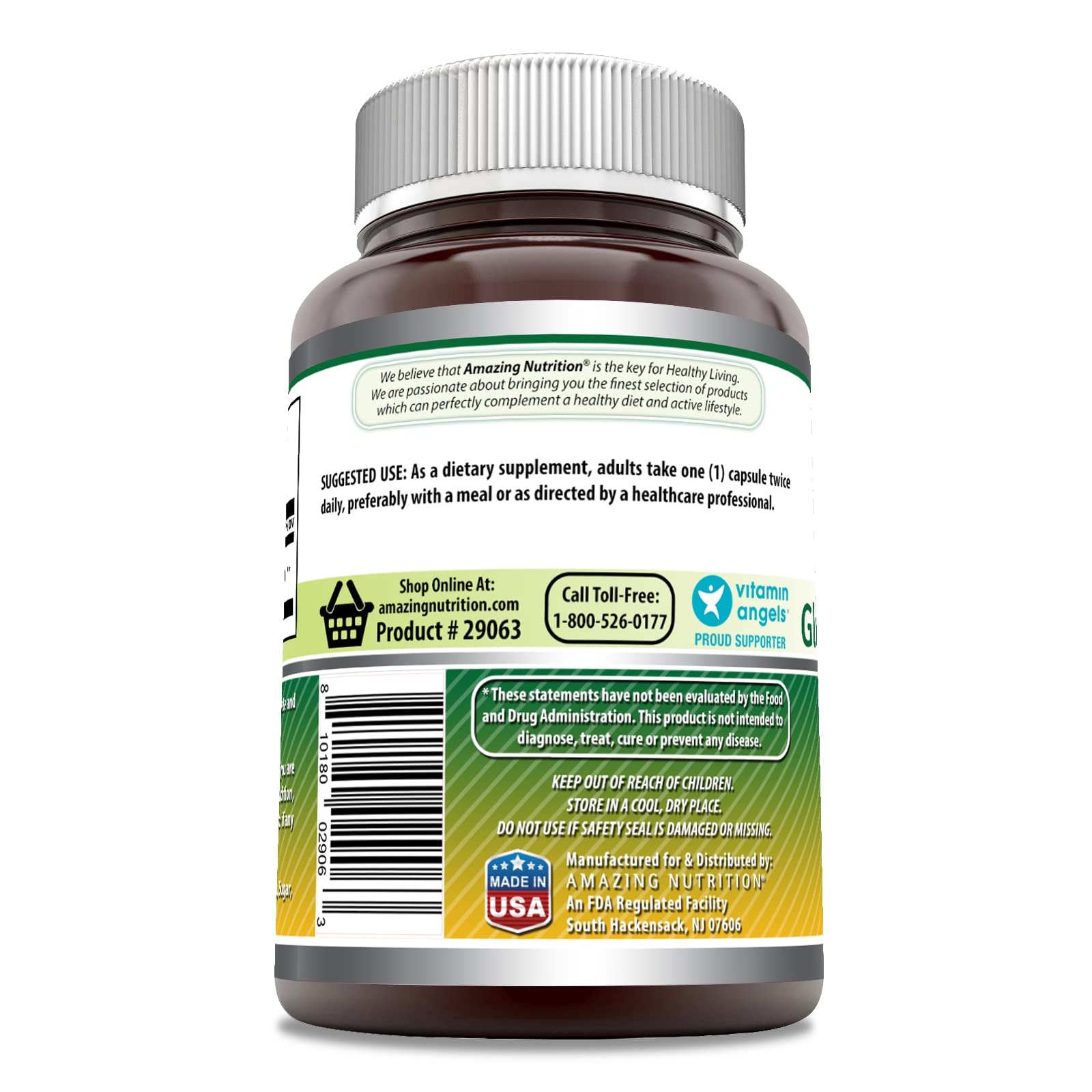 Amazing Nutrition Glucosamine Sulfate 1000mg dietary supplement label showing ingredient transparency and clear serving sizes