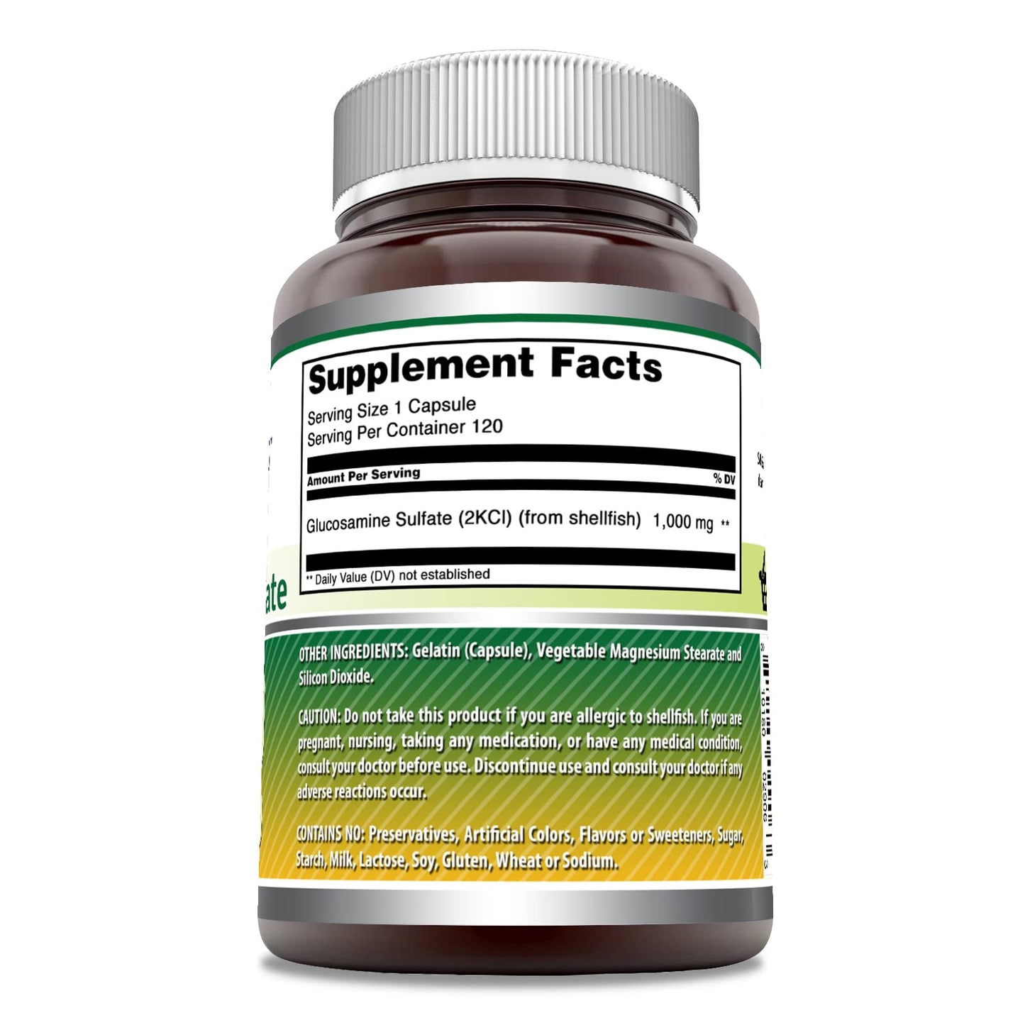 Side angle of Amazing Nutrition Glucosamine Sulfate 1000mg 120 Capsules bottle highlighting non-GMO and gluten-free badges