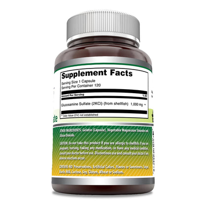 Side angle of Amazing Nutrition Glucosamine Sulfate 1000mg 120 Capsules bottle highlighting non-GMO and gluten-free badges