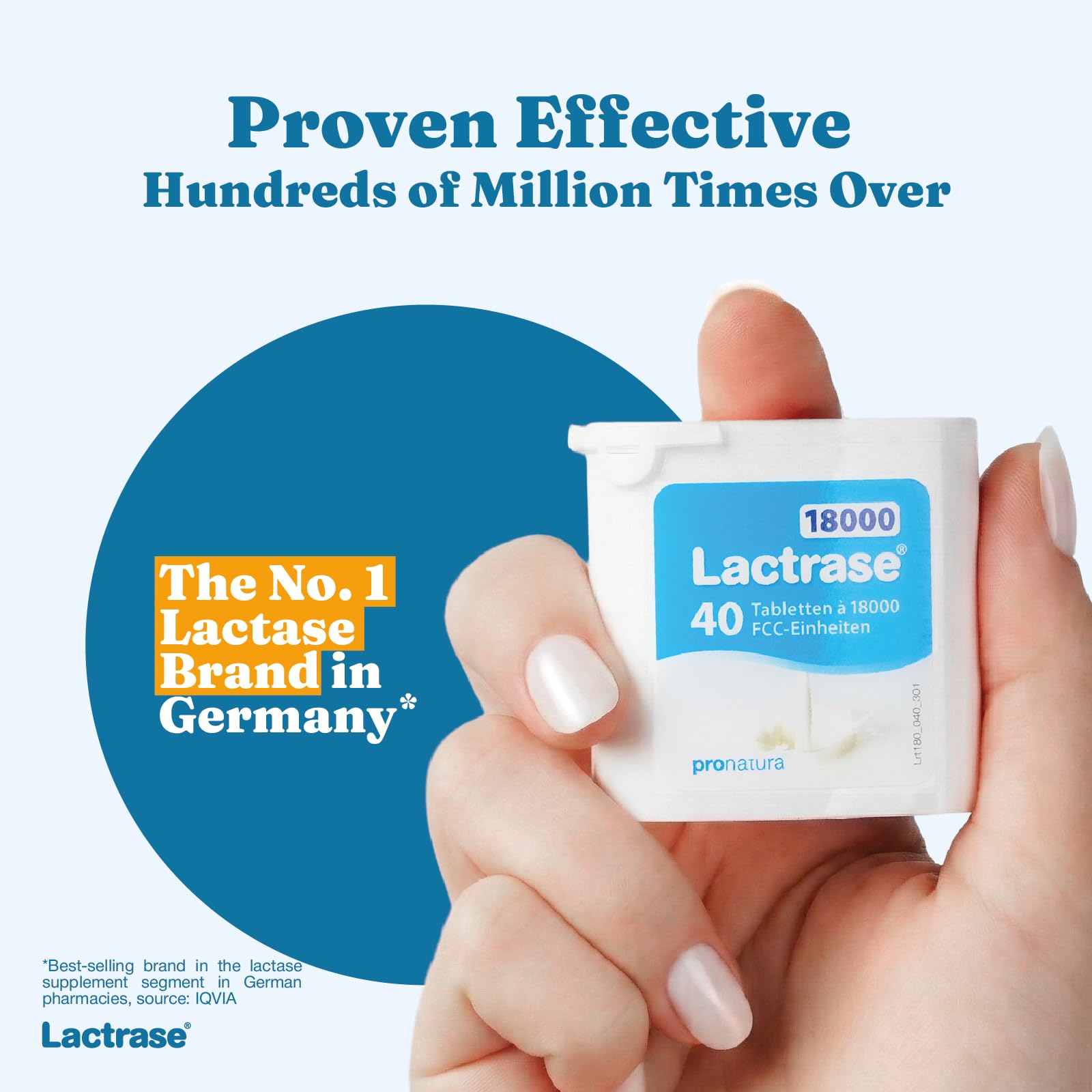 Lactrase 18000 FCC extra strength tablets close up highlighting the easy to use portable dispenser mechanism.