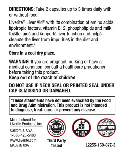 Liverite daily liver support 150 capsule bottle showcasing benefits and usage instructions