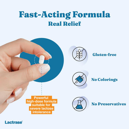 Lactrase lactose intolerance supplement dispenser held in hand to showcase its compact travel friendly size.