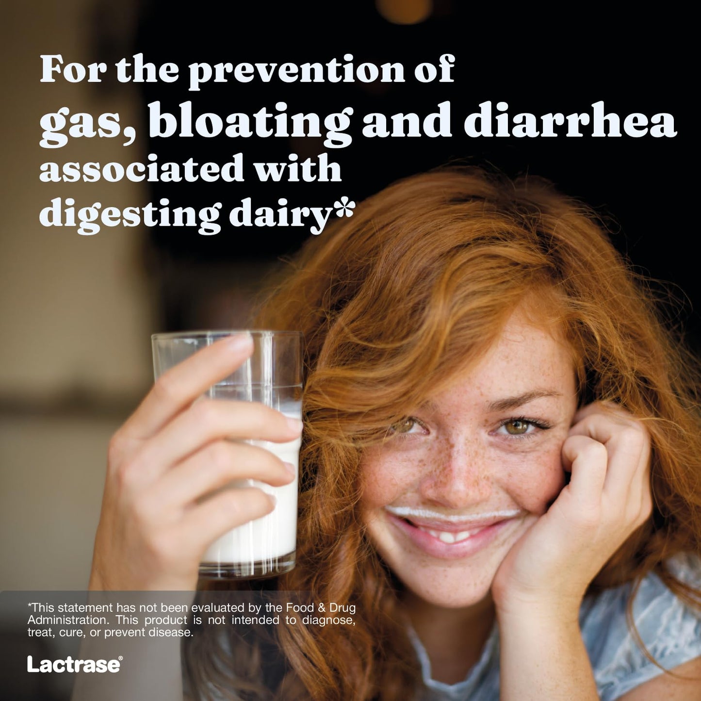 Side profile of Lactrase 40 fast acting tablets package indicating vegetarian and gluten free dietary features.