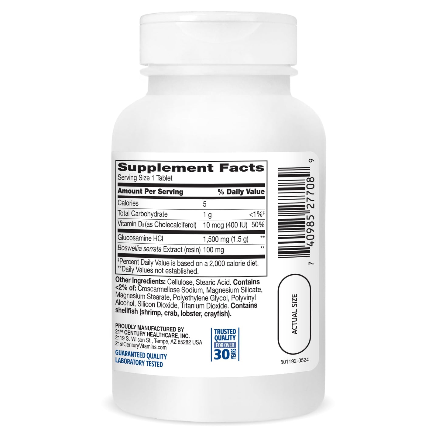 21st Century Glucosamine and Vitamin D3 premium bone and cartilage support formula bottle lid and seal