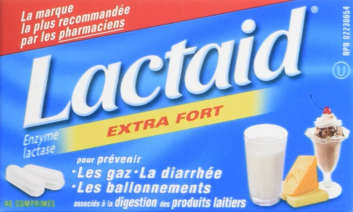 Lactaid 40 chewable tablets box showing dosage and lactase enzyme information