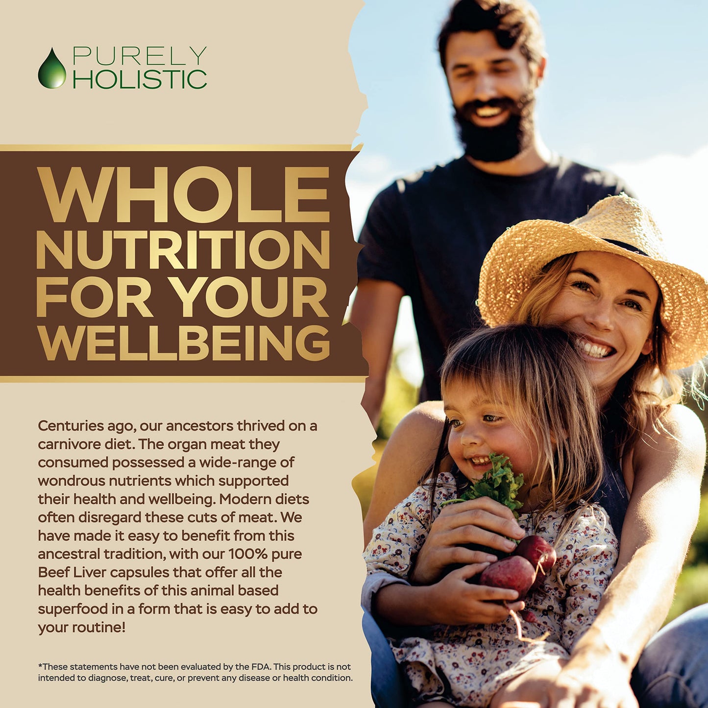 Purely Holistic desiccated beef liver supplement showing the non-GMO clean label.