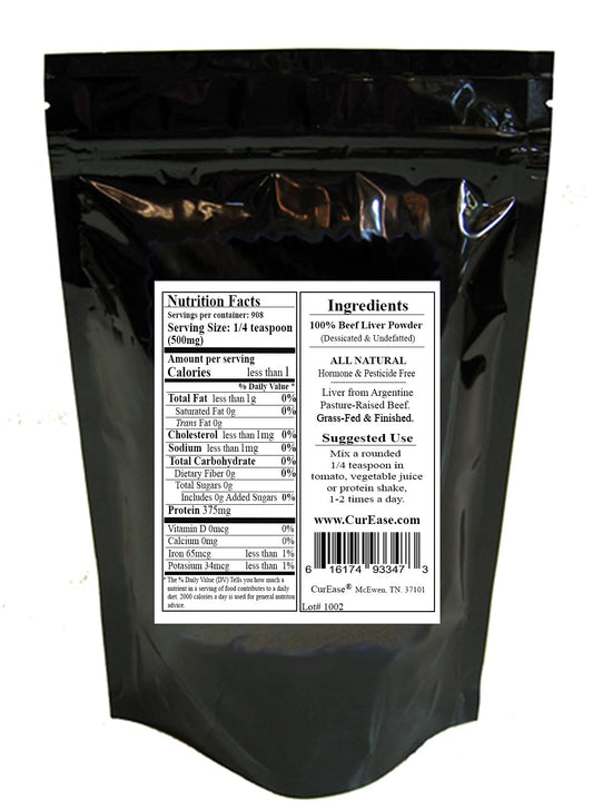 CurEase Argentine beef liver powder undefatted whole food supplement rich in vitamin B12.