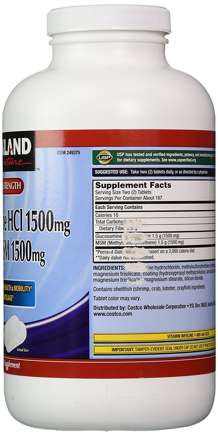 Side angle view of the imported Kirkland Signature extra strength joint comfort formula container highlighting dosage facts