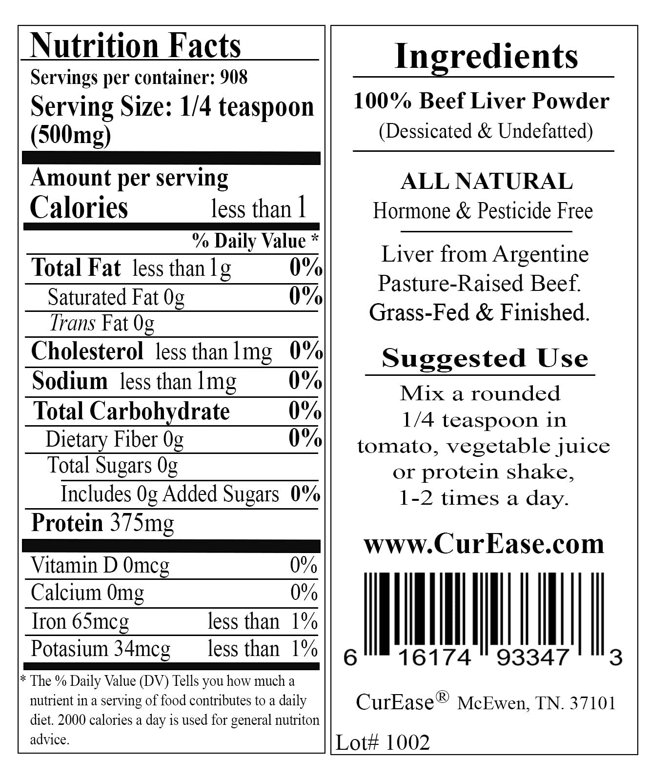 Premium CurEase hormone free desiccated liver powder nutrition facts side view.