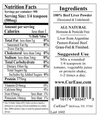 Premium CurEase hormone free desiccated liver powder nutrition facts side view.