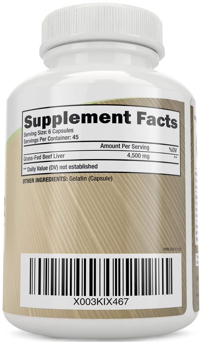 Purely Holistic ancestral nutrition grass-fed beef liver supplement bottle side view.
