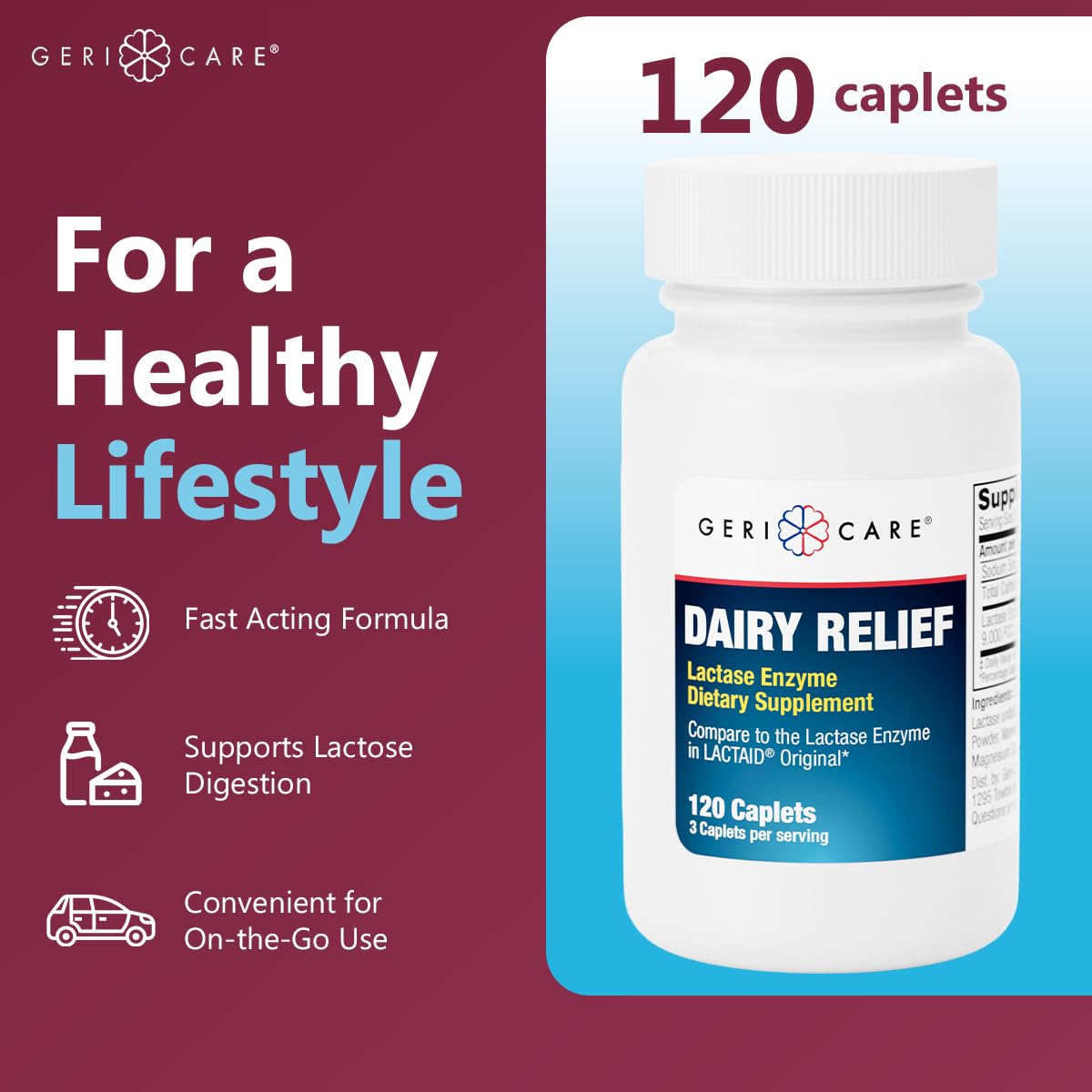 GeriCare digestive enzyme supplement packaging showing 3000 Food Chemicals Codex units details