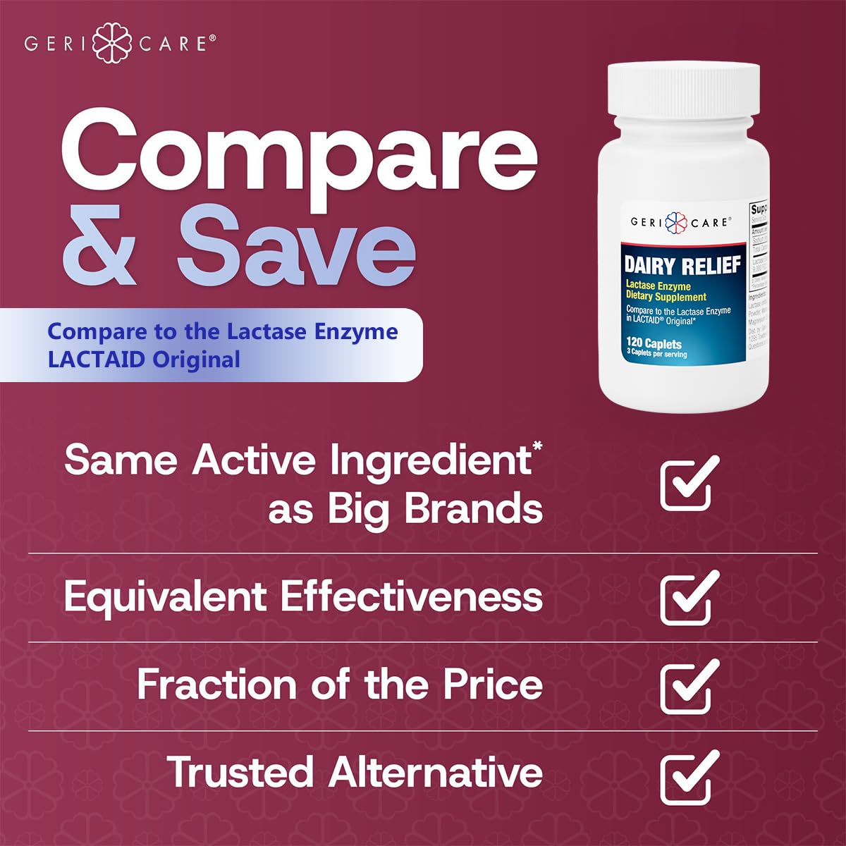 Authentic USA imported GeriCare lactase enzyme bottle next to a glass of milk
