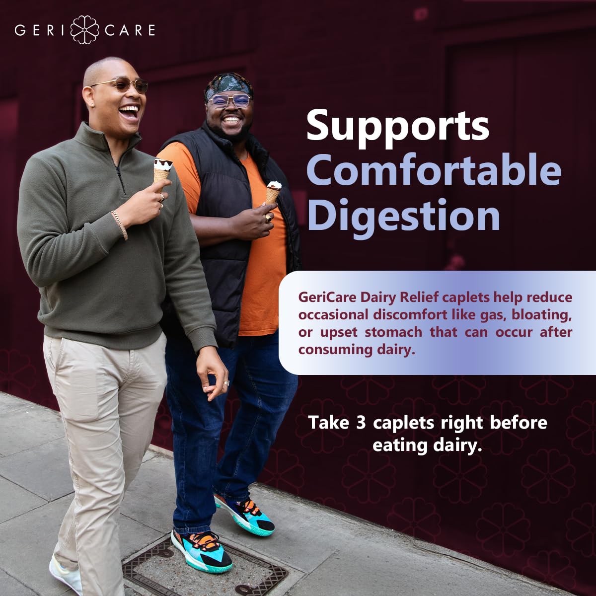 Close up view of GeriCare 120 count dairy relief caplets for gas and bloating prevention