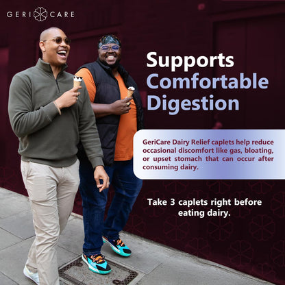 Close up view of GeriCare 120 count dairy relief caplets for gas and bloating prevention