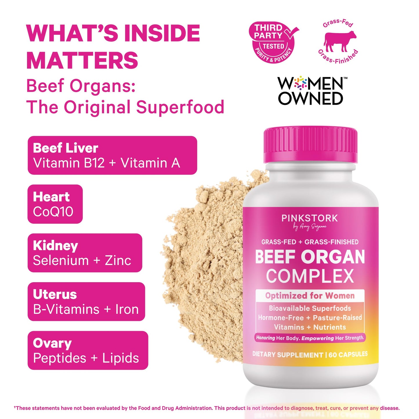 Pink Stork Beef Organ Supplement label showing grass fed ingredients