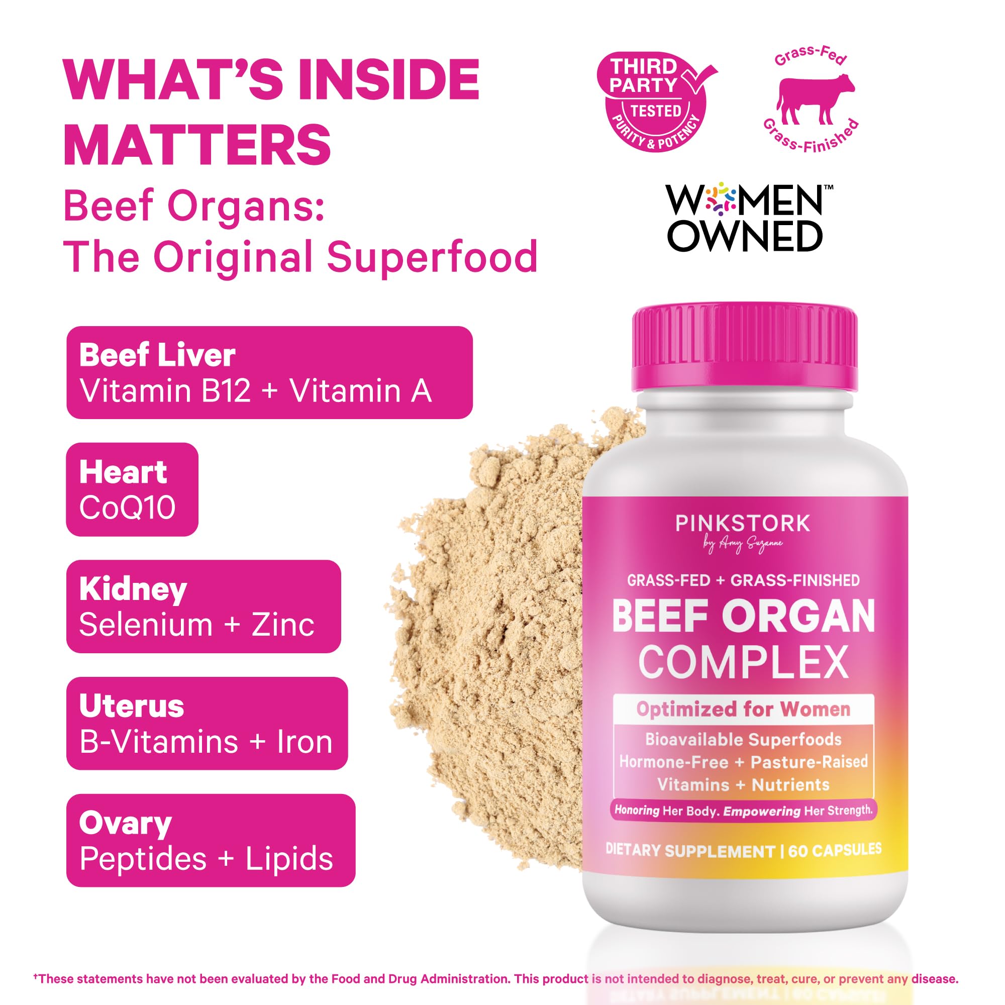 Pink Stork Beef Organ Supplement label showing grass fed ingredients