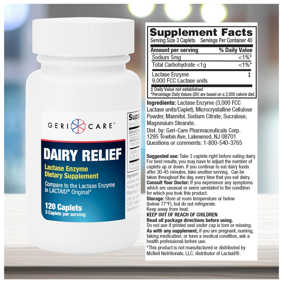 Side panel of GeriCare lactase enzyme supplement bottle outlining product features