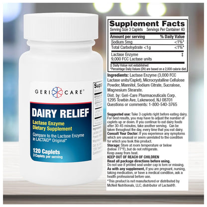 Side panel of GeriCare lactase enzyme supplement bottle outlining product features
