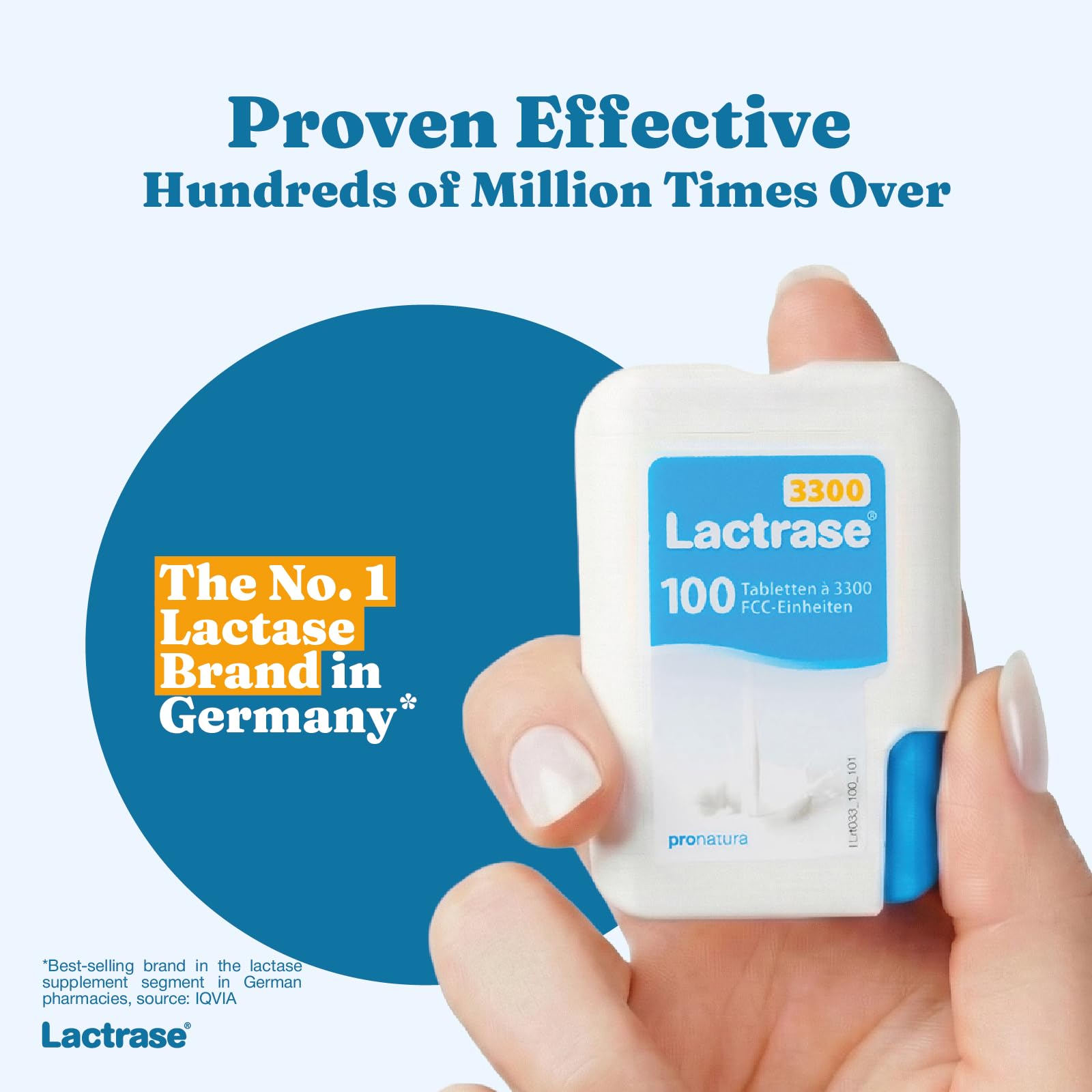 Lactrase 3300 FCC lactase enzyme tablets portable click container closeup