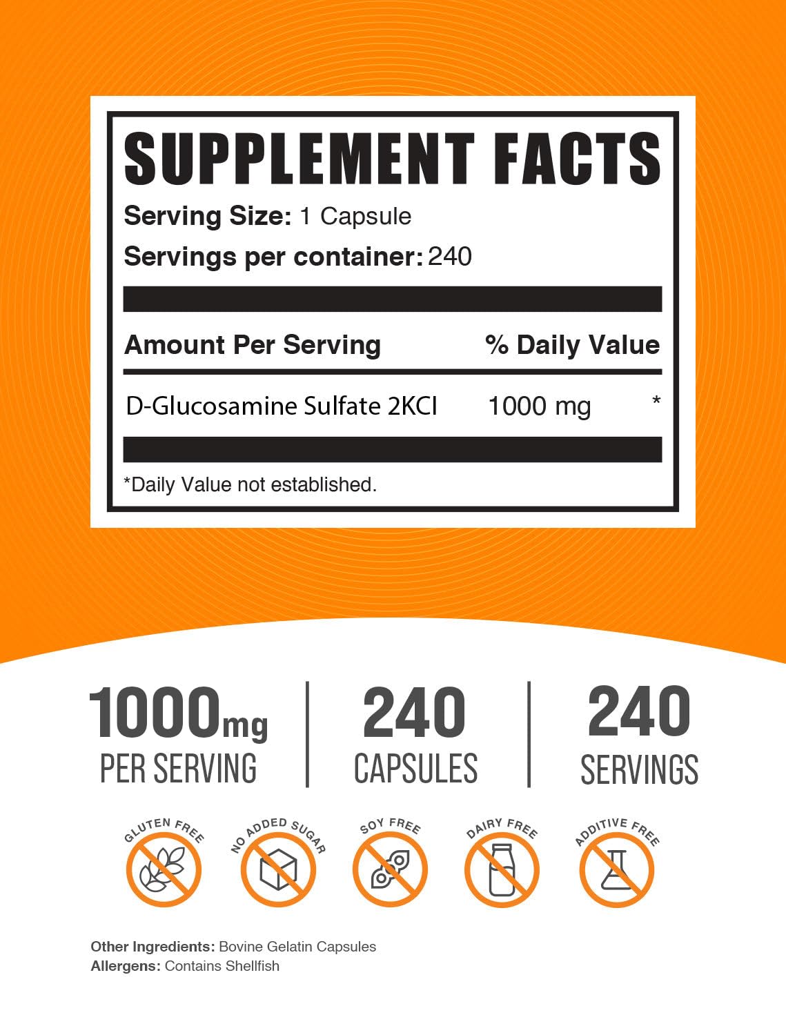 BulkSupplements Glucosamine Sulfate two hundred forty capsules dietary supplement label details