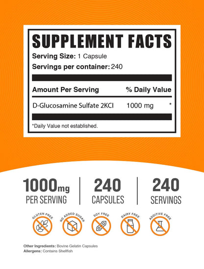 BulkSupplements Glucosamine Sulfate two hundred forty capsules dietary supplement label details