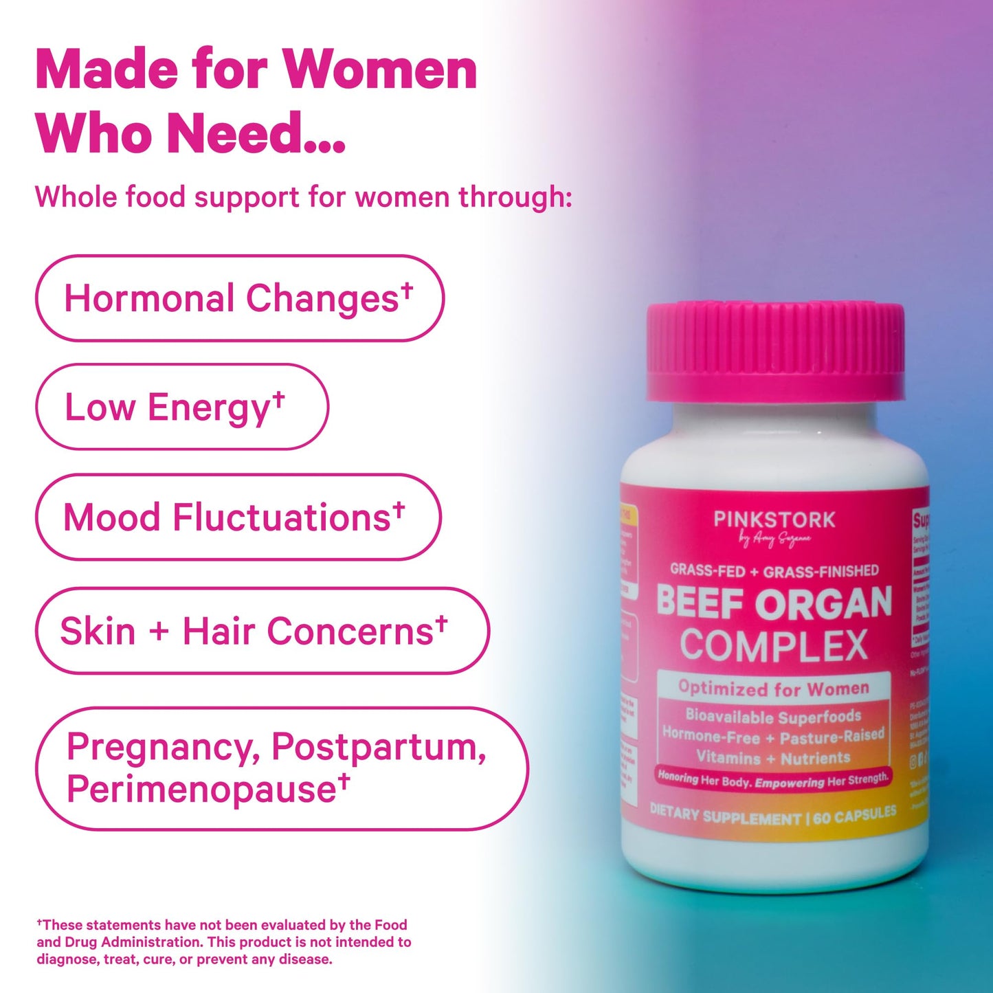 Pink Stork Beef Organ Supplement bottle side view with dosage info