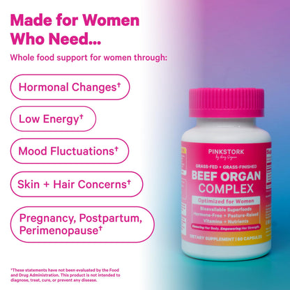 Pink Stork Beef Organ Supplement bottle side view with dosage info