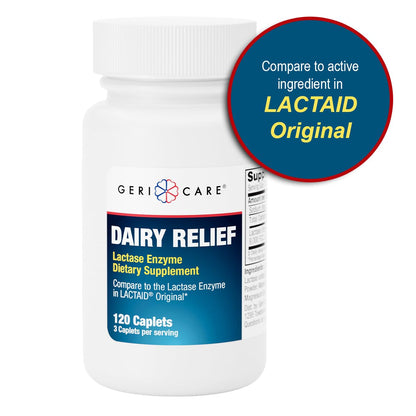 GeriCare Dairy Relief 120 caplets standing upright on a clean retail shelf setup