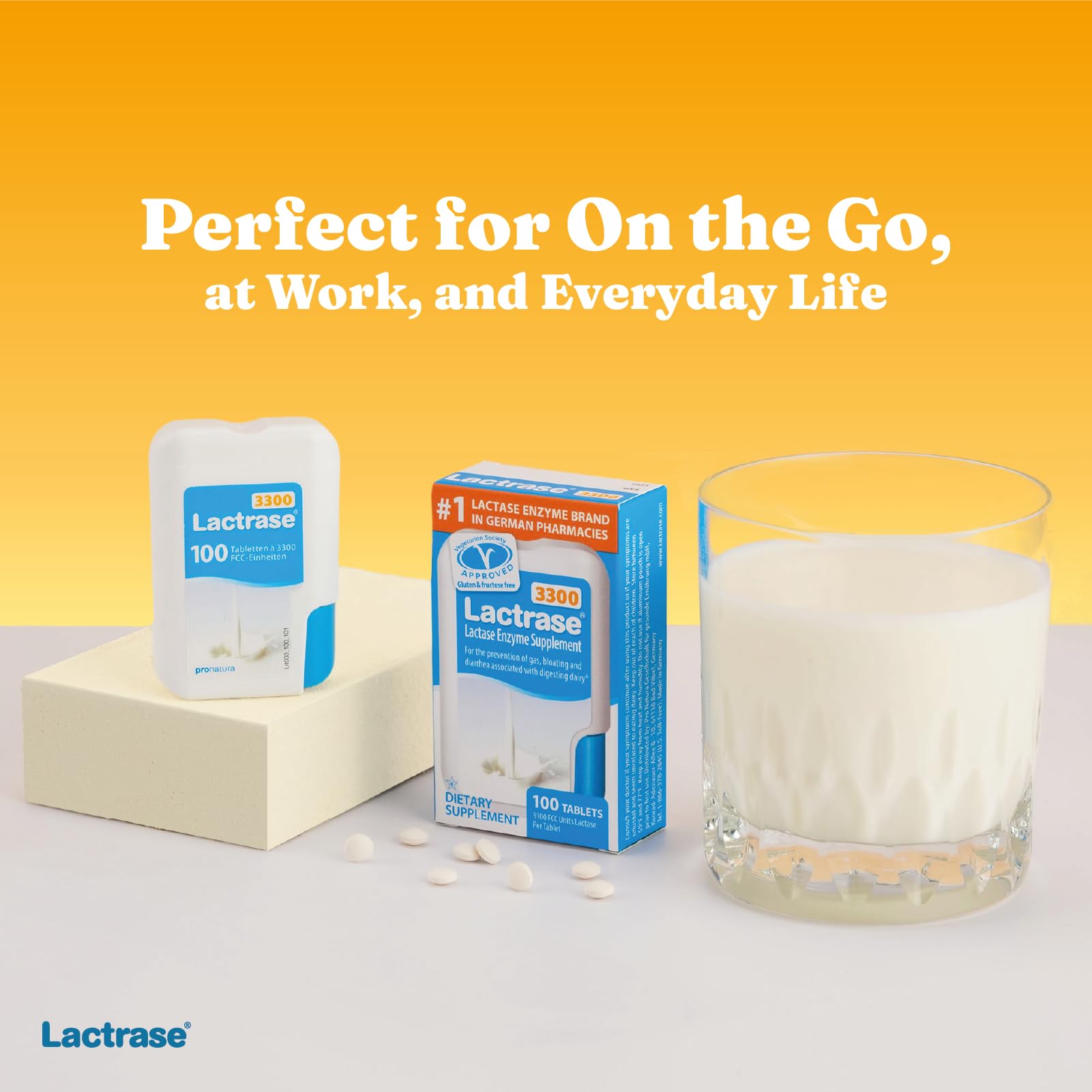 One hundred count Lactrase enzyme tablet dispenser for travel and dining out
