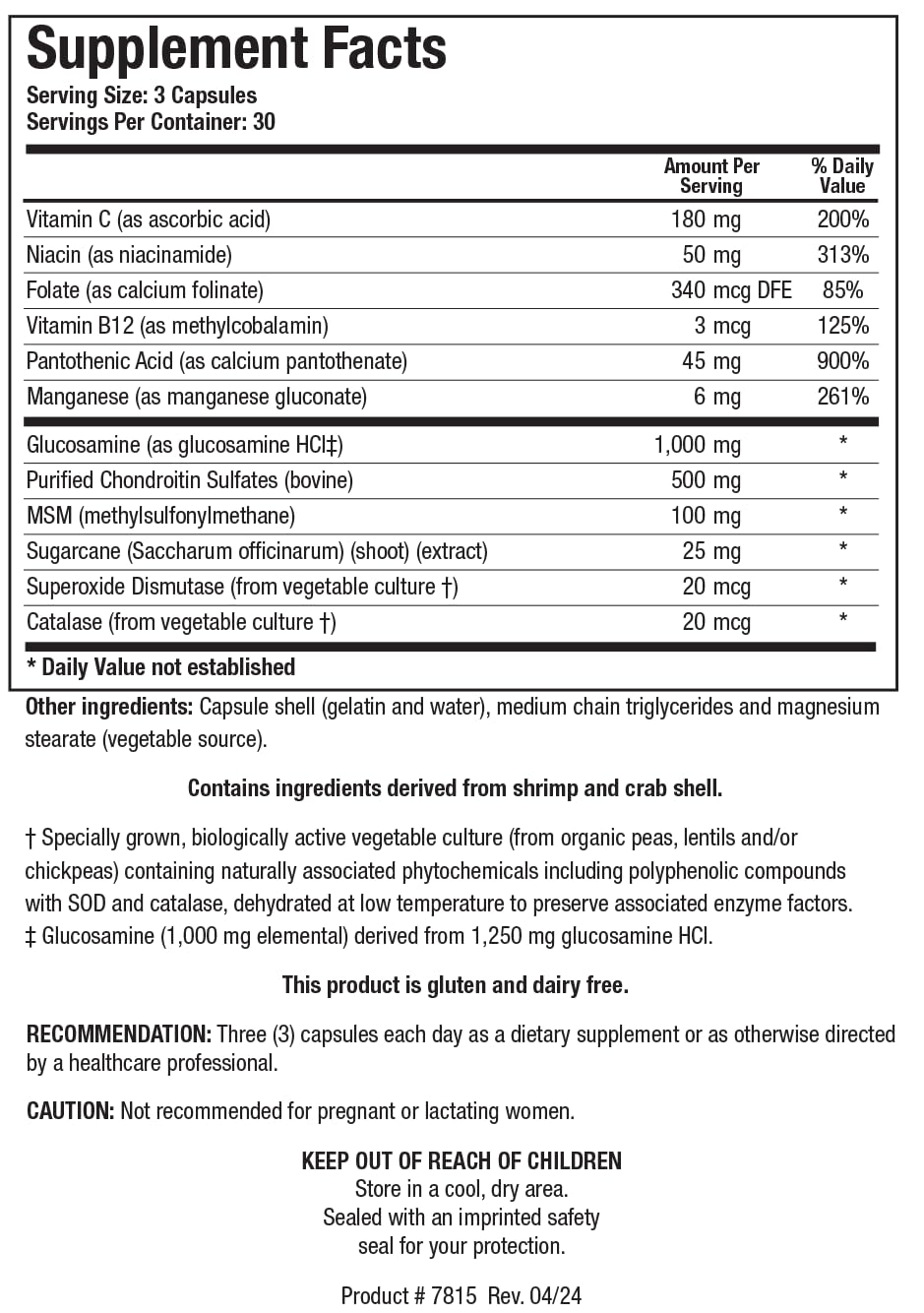 Side angle view of the authentic imported ChondroSamine Plus bottle displaying detailed nutritional supplement facts.