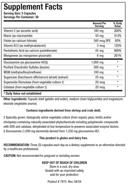 Side angle view of the authentic imported ChondroSamine Plus bottle displaying detailed nutritional supplement facts.