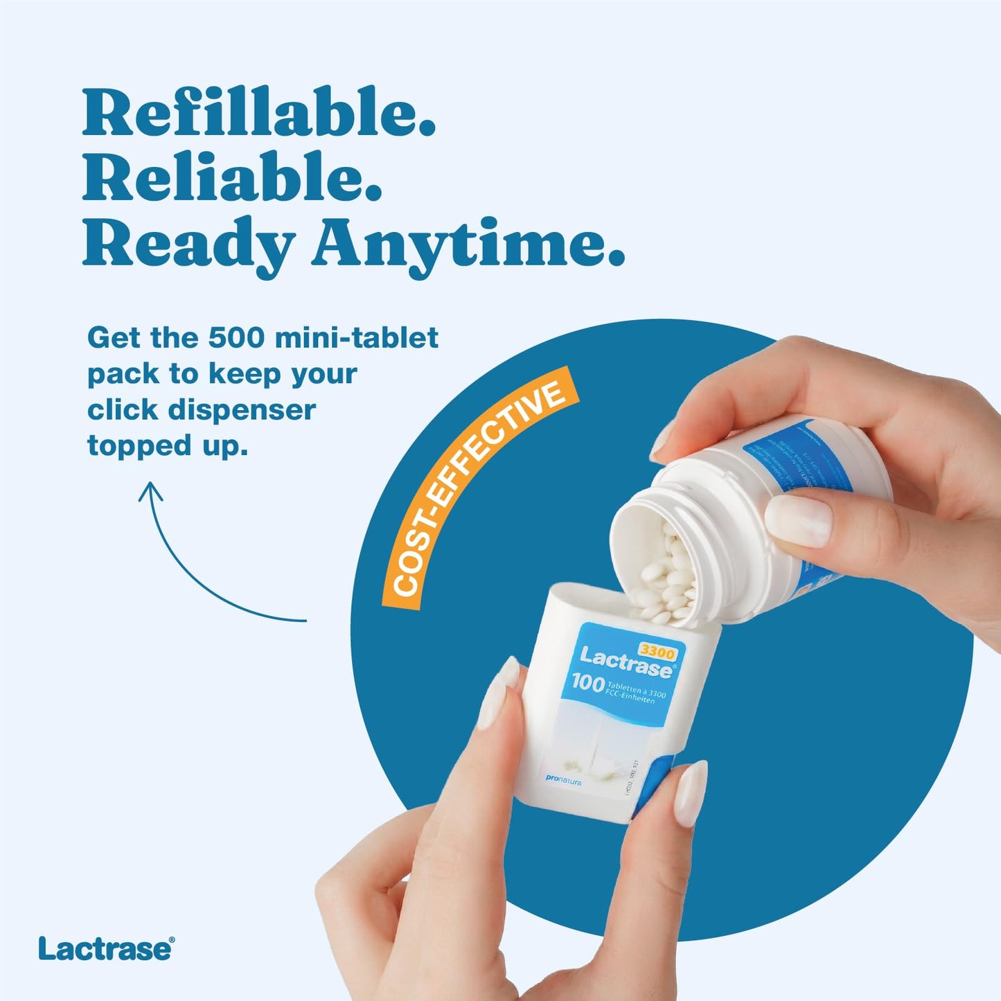 Lactrase lactose intolerance pills demonstrating the easy click dispensing mechanism