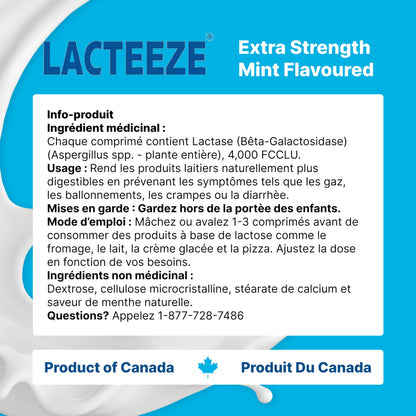 Lacteeze Extra Strength 4000 ALU digestive enzyme tablets packaging for dairy digestion