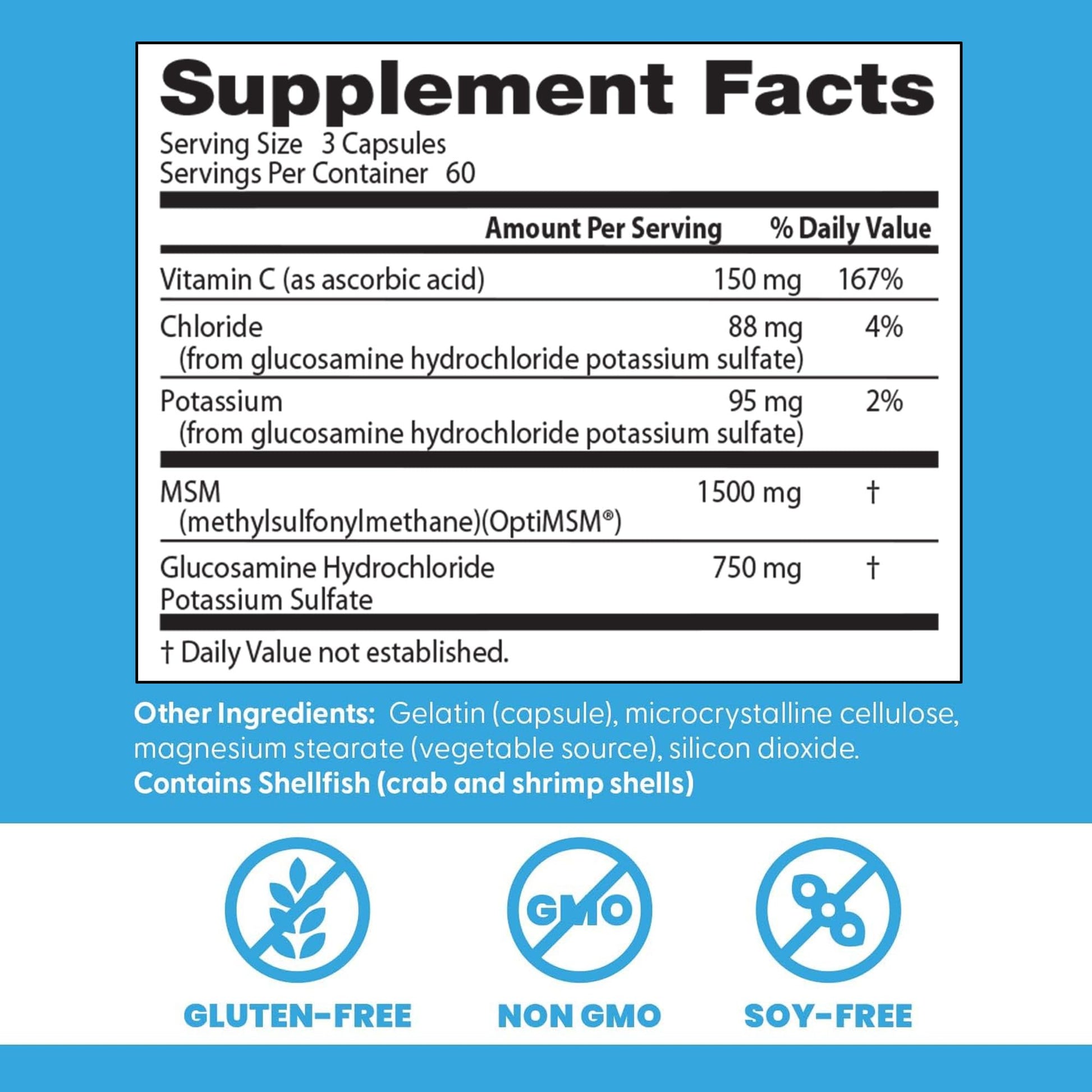 Doctor's Best joint supplement capsules side label detailing non-GMO and gluten-free claims