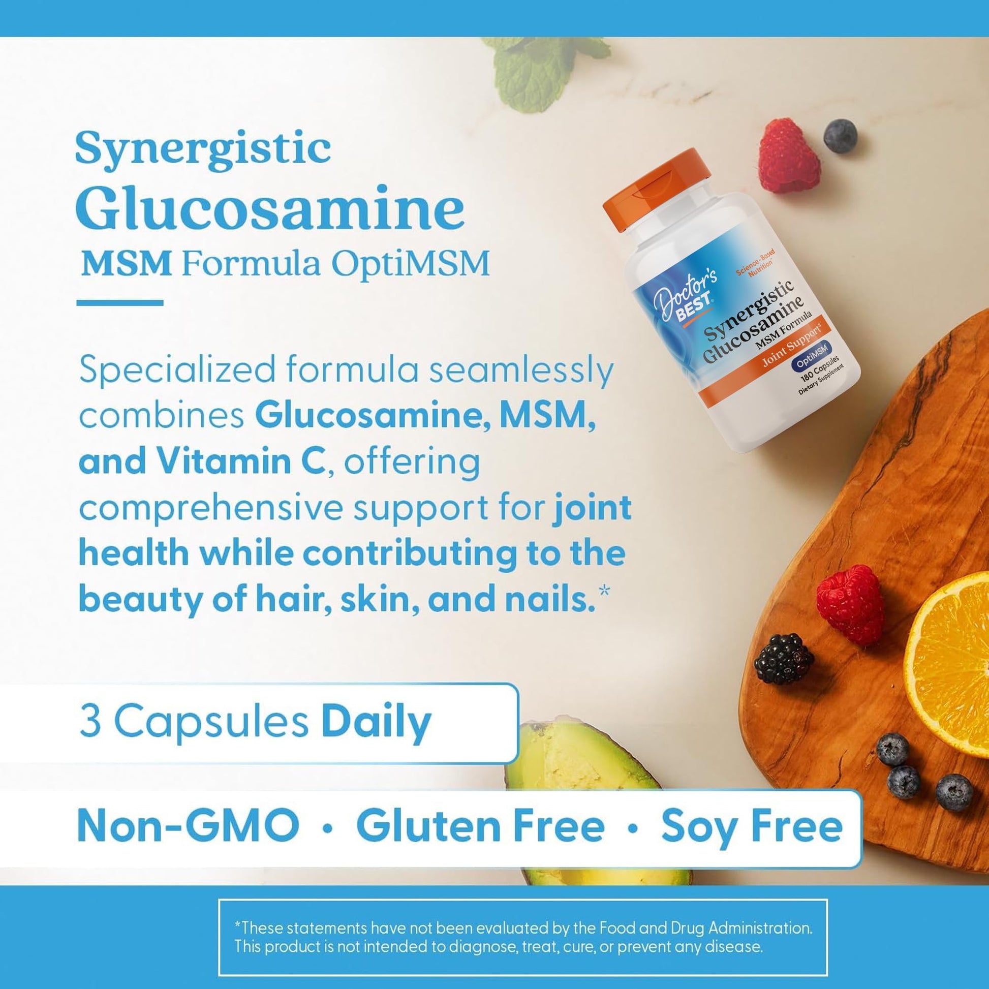 Doctor's Best Synergistic Glucosamine 180 capsules packaging for adult cartilage support