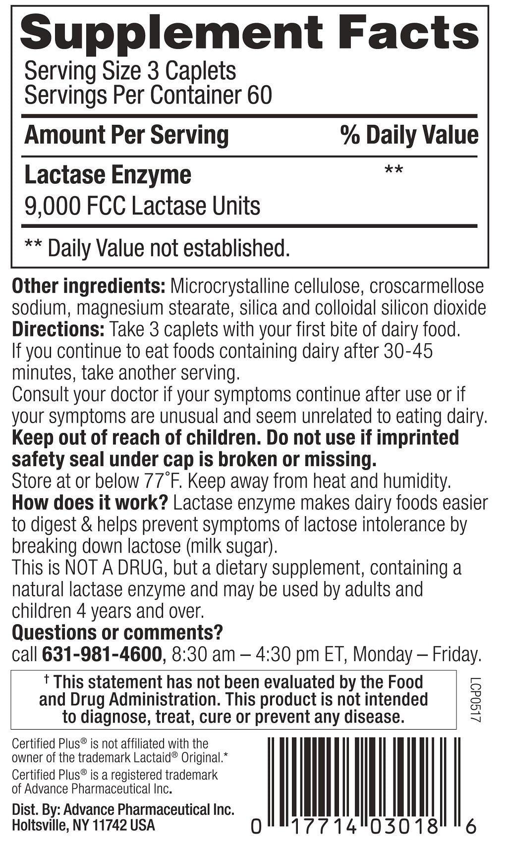 Certified Plus Dairy Relief original strength generic lactase enzyme supplement facts and ingredients