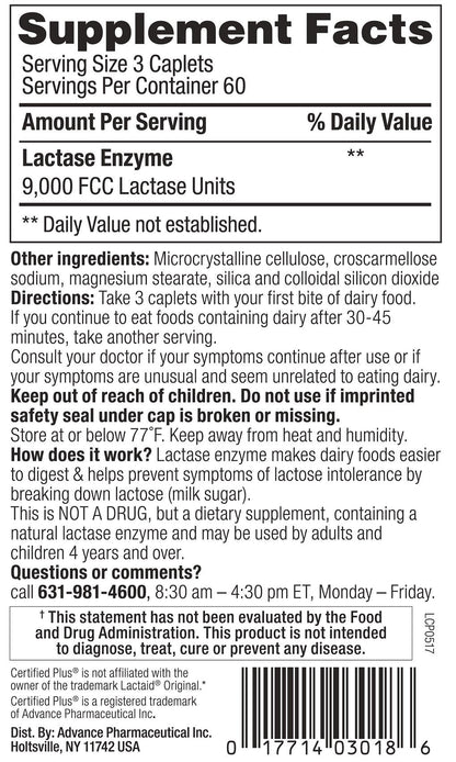 Certified Plus Dairy Relief original strength generic lactase enzyme supplement facts and ingredients