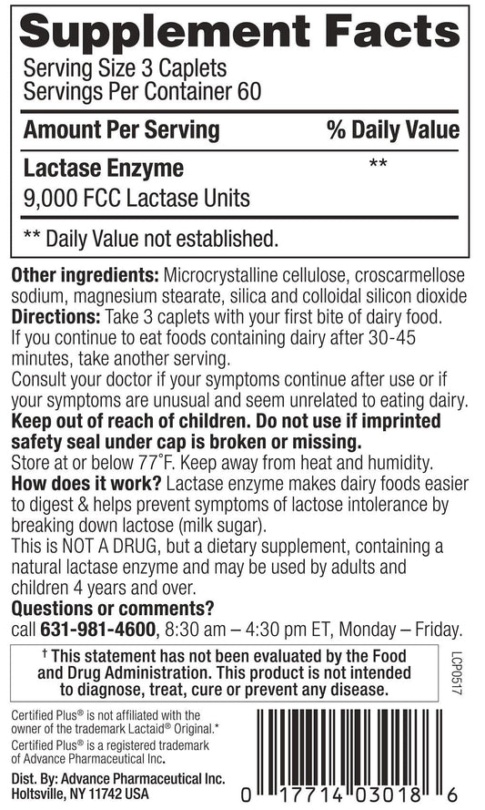 Certified Plus Dairy Relief original strength generic lactase enzyme supplement facts and ingredients