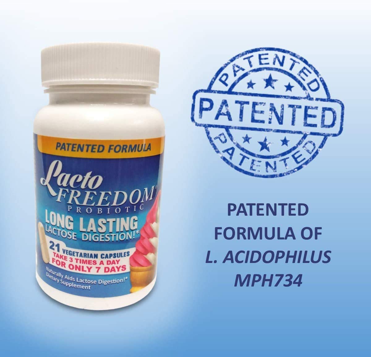 Lacto-Freedom anti bloating and anti gas supplement bottle layout on white background.
