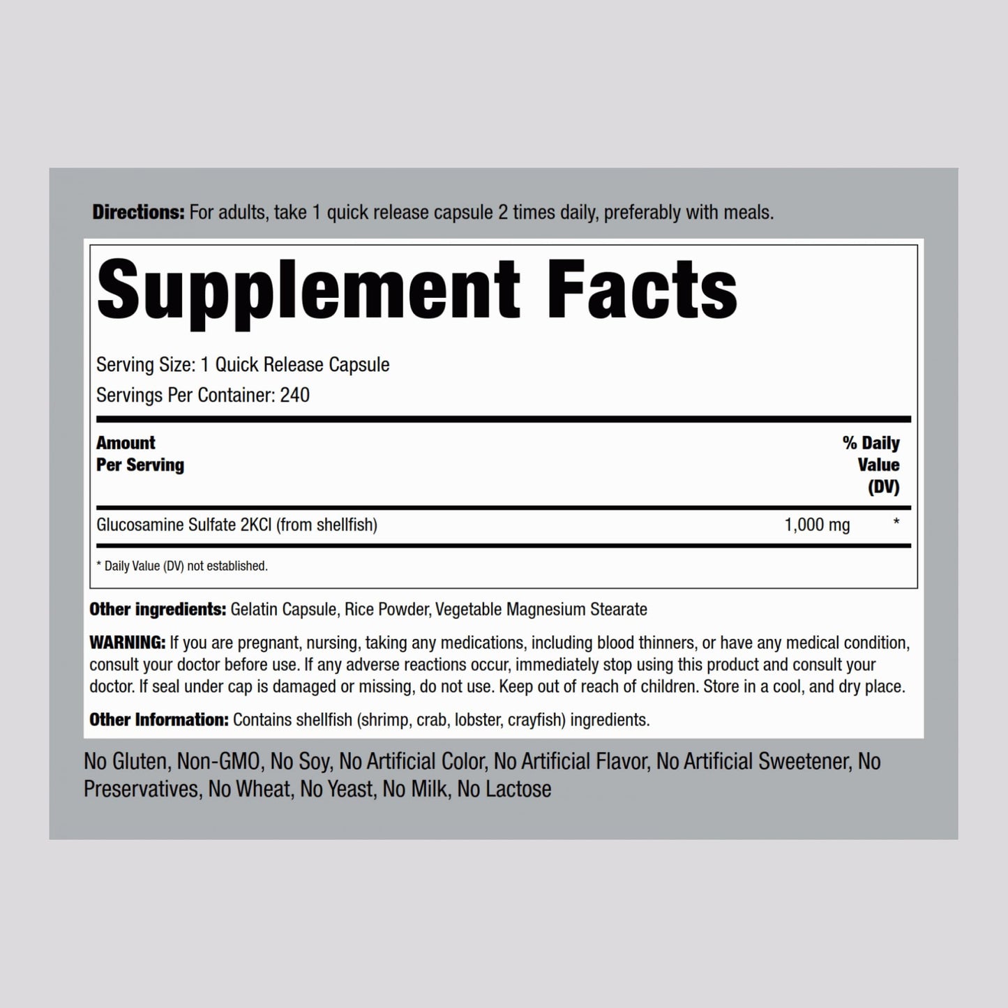 Piping Rock Glucosamine Sulfate 1000mg supplement bottle turned to show clean non GMO label certifications