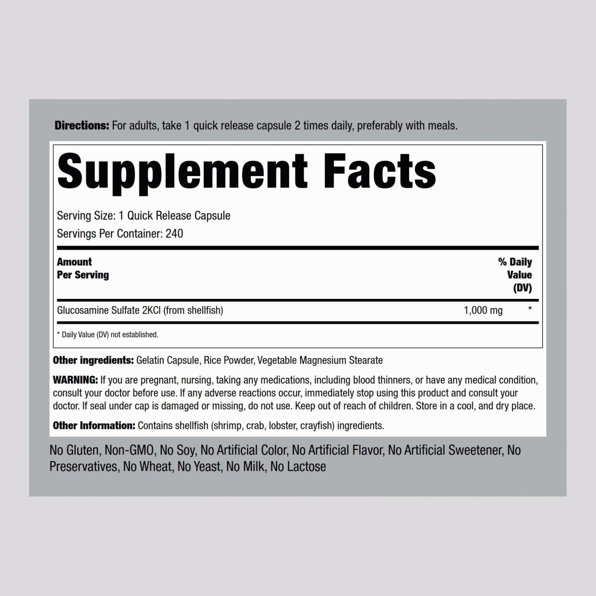 Piping Rock Glucosamine Sulfate 1000mg supplement bottle turned to show clean non GMO label certifications