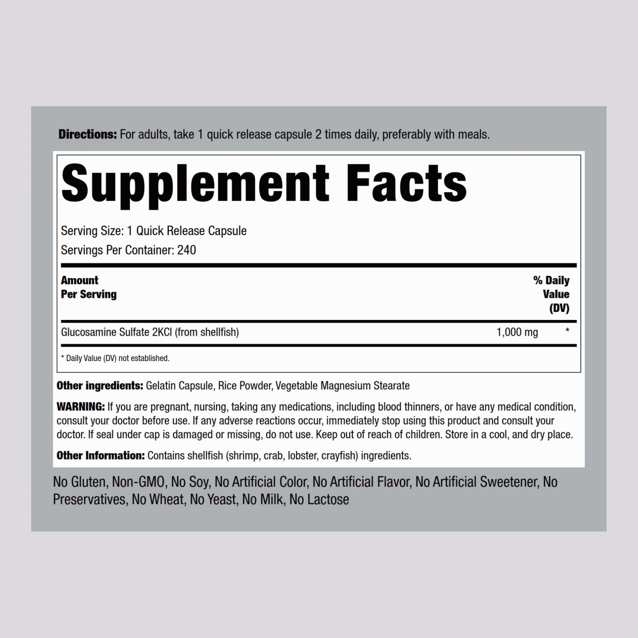 Piping Rock Glucosamine Sulfate 1000mg supplement bottle turned to show clean non GMO label certifications