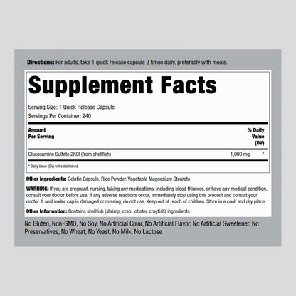 Piping Rock Glucosamine Sulfate 1000mg supplement bottle turned to show clean non GMO label certifications