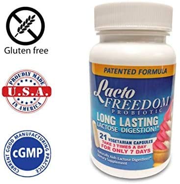 Lacto-Freedom digestive health supplement packaging demonstrating empty stomach usage directions.
