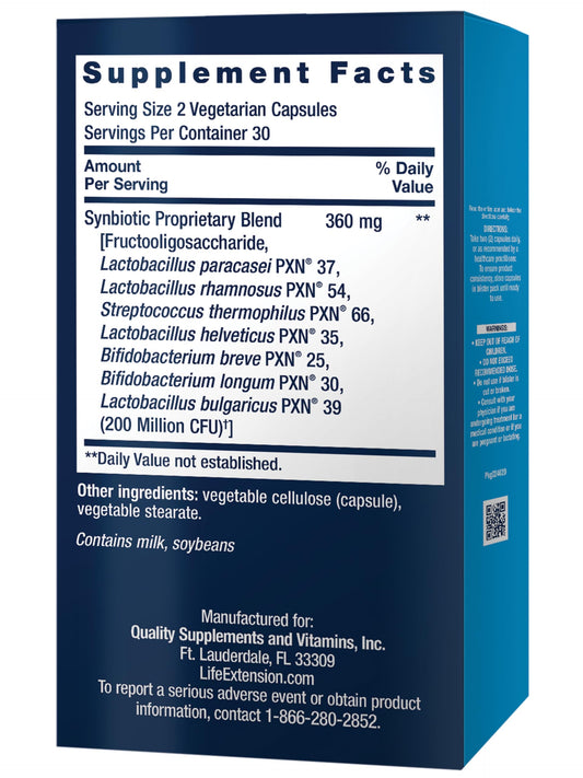 Life Extension prebiotic and probiotic daily supplement bottle label details