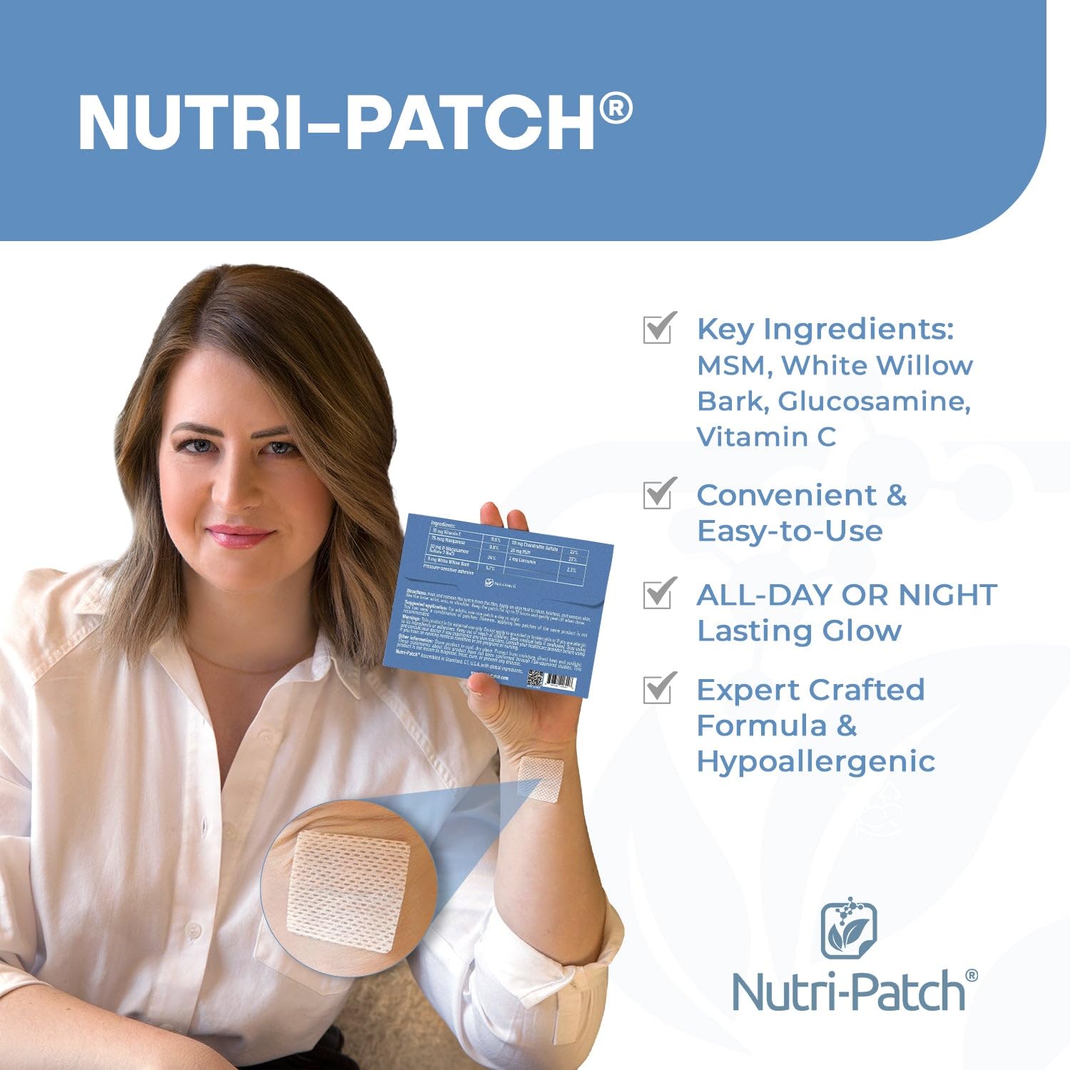 Nutri-Patch turmeric infused skin patch application on a clean inner wrist showing time release design.