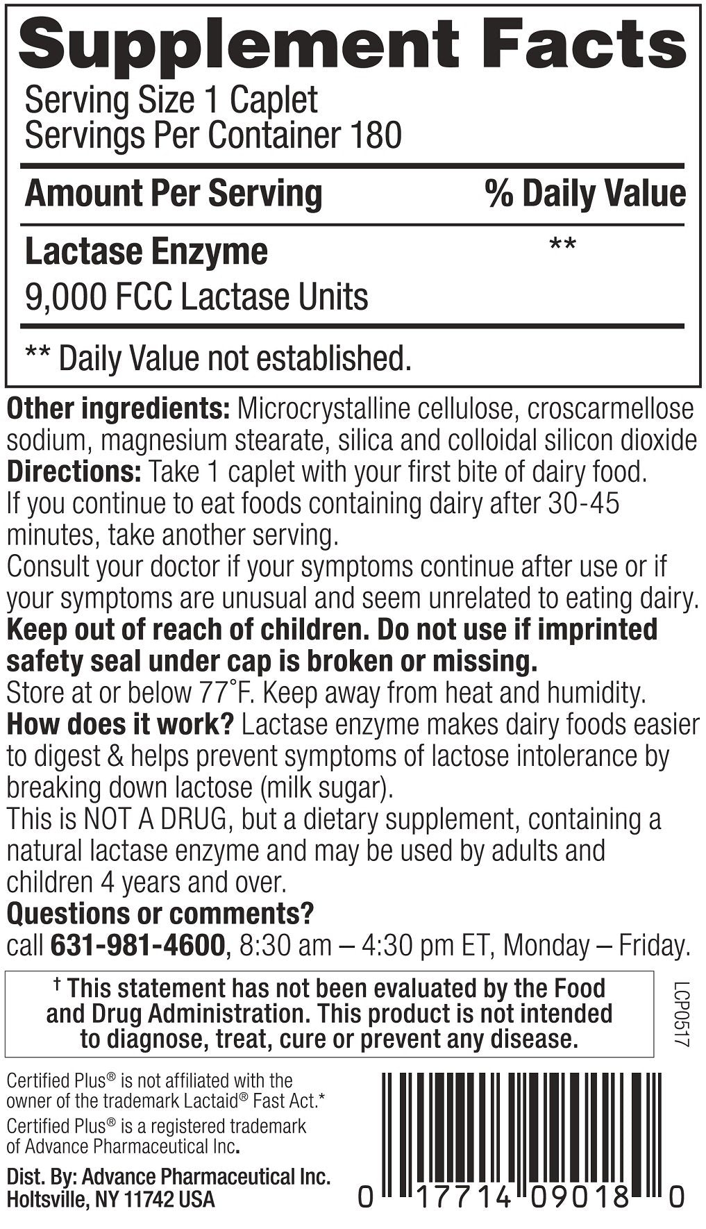 Kirkland Fast Acting Lactase 9000 FCC units bottle label showing ingredient details